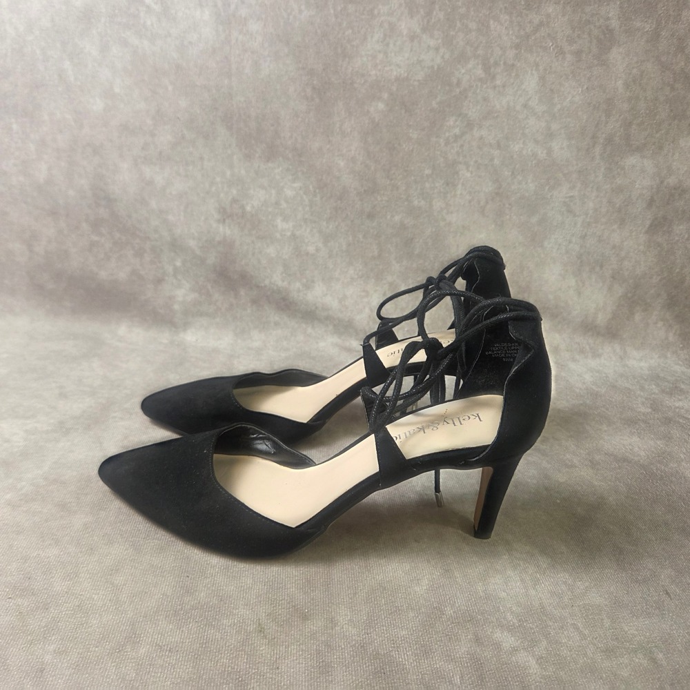 Kelly & Katie Blk Faux Suede Lace Up Ankle Tie Pointed Toe Pumps Heels Women 8.5